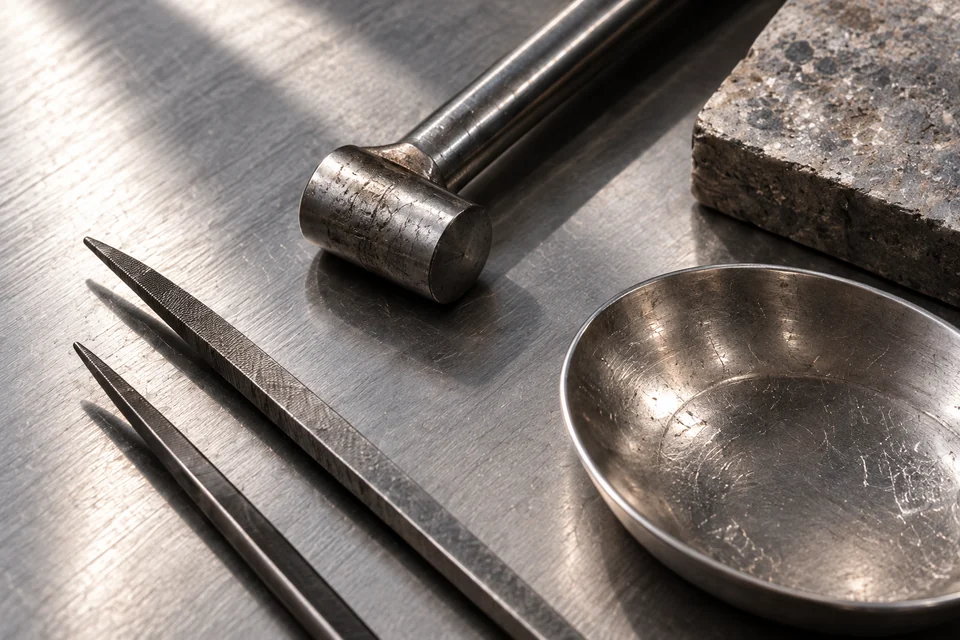A jeweler’s hammer, files and metal dish on a brushed-steel work surface